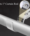 Close-up of Heavy Duty Adjustable Curtain Rod Brackets fitting a 1 inch curtain rod, showcasing sturdy support and installation detail.