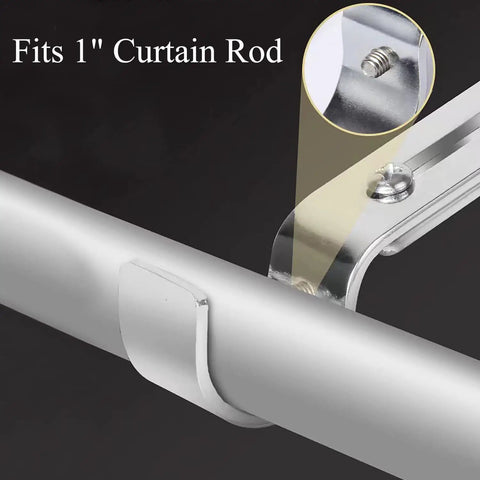 Close-up of Heavy Duty Adjustable Curtain Rod Brackets fitting a 1 inch curtain rod, showcasing sturdy support and installation detail.
