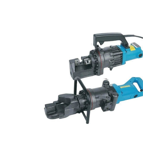 Heavy Duty Handheld Electric Rebar Cutter With Portable Hydraulic Design For Fast Threading Steel Hoops Uses Pure Copper Motor And Cast Iron Head showing top and side views.