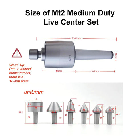 MT2 Medium Duty Live Center Set for Lathe Tailstock 2MT Morse Taper Revolving Center with dimensions and interchangeable tips