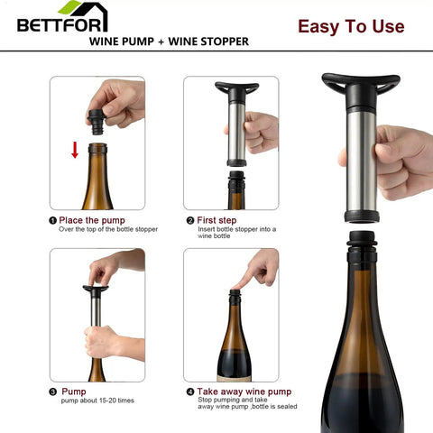 Wine Saver Vacuum Pump Kit With Four Silicone Stoppers Keeps Opened Wine Fresh For Up To Seven Days, step-by-step guide