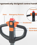 Apollo 4400Lb Electric Pallet Jack With Lithium Battery control handle featuring horn, accelerator, and emergency reverse.