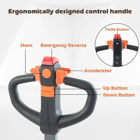 Apollo 4400Lb Electric Pallet Jack With Lithium Battery control handle featuring horn, accelerator, and emergency reverse.