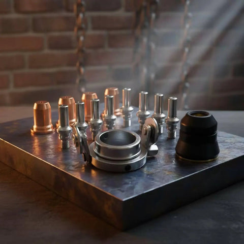 Tough As Nails 12 Piece Plasma Torch Parts Kit featuring copper nozzles, secure socket electrodes on a metal surface.