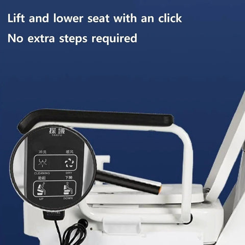 Electric Toilet Seat Booster Lifter For Seniors Adjustable 0 To 45 Degree Rise Nifty Controller showing lift control panel.