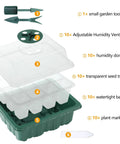Exploded view of Ten Pack Seed Starter Trays With Humidity Domes, 120 Cell Seed Starter Kit, showing components and adjustable vent lid.
