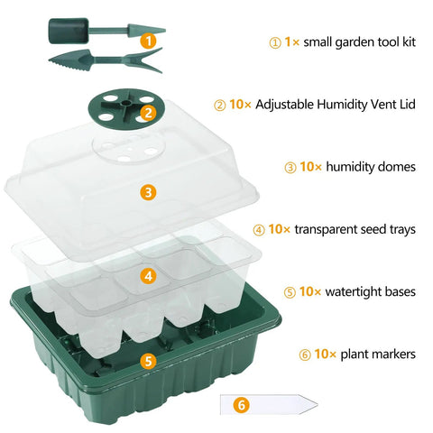 Exploded view of Ten Pack Seed Starter Trays With Humidity Domes, 120 Cell Seed Starter Kit, showing components and adjustable vent lid.