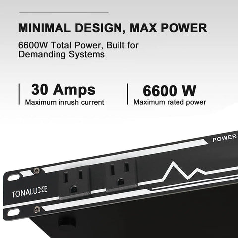 Rack Mount Power Conditioner With Ten US Outlets And Thirty Amps For Pro Audio Gear Home Theater Systems And Stage Studios featuring 6600W total power, labeled features.