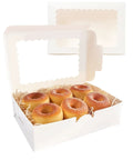 White Bakery Box With Window 9 By 6 By 2.5 Inches Holds 15 Pastries, open with donuts, clear window packaging