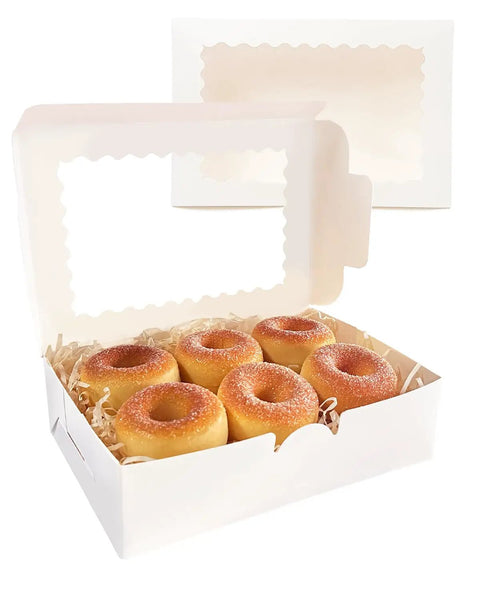 White Bakery Box With Window 9 By 6 By 2.5 Inches Holds 15 Pastries, open with donuts, clear window packaging