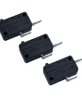 Three black Micro Limit Switches with 2 pins, 16A, 125V to 250V AC, door interlock, industrial grade for electrical control and safety systems