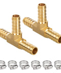 Beefed Up Brass 1/4 Inch Hose Tee Barb Fittings Three Way Union For Air Water And Fuel Systems Leak Resistant Includes Six Clamps 2 Pack