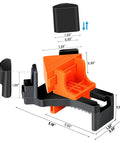 Detailed view of 90 Degree Woodworking Corner Clamps Set Of 4 Pro Right Angle Clamp Kit, showing adjustable parts and measurements.