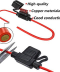 12 Gauge Inline Fuse Holder Kit For Automotive Wiring Waterproof ATC ATO Blade Fuse Holders With 6 Units And 55 Fuses Set 1A To 30A For Car Electronics Easy Install Dope Fuse Kit showing red wiring and fuse holder.