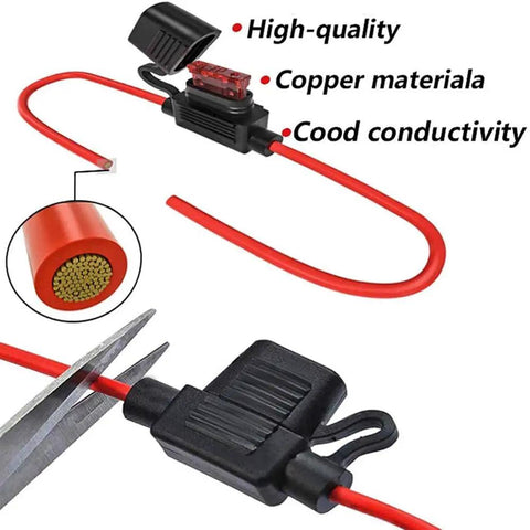 12 Gauge Inline Fuse Holder Kit For Automotive Wiring Waterproof ATC ATO Blade Fuse Holders With 6 Units And 55 Fuses Set 1A To 30A For Car Electronics Easy Install Dope Fuse Kit showing red wiring and fuse holder.