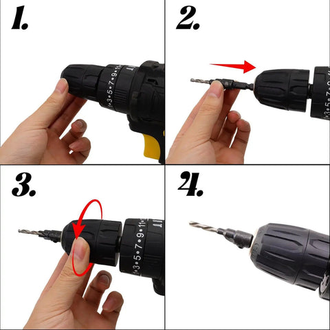 Steps demonstrating the use of a drill with Five Piece Hex Shank Countersink Drill Bit Kit With Quick Release Crank Handle for easy drilling.
