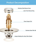 Image showing components of Brushed Nickel 2 In 1 Pop Up Sink Stopper And Strainer for Universal Bathroom Drain fits 1.1 to 1.5 inch pipes.