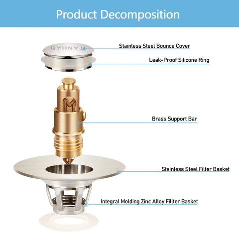 Image showing components of Brushed Nickel 2 In 1 Pop Up Sink Stopper And Strainer for Universal Bathroom Drain fits 1.1 to 1.5 inch pipes.