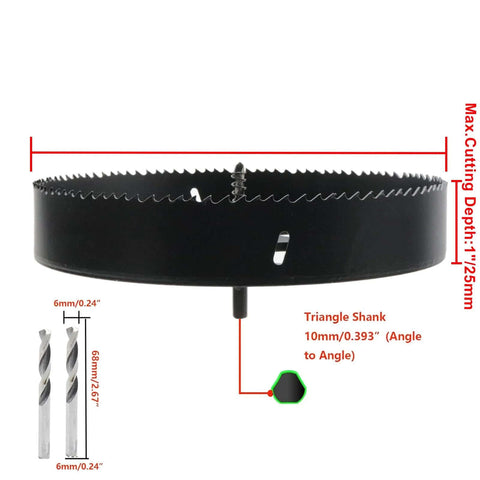 Amazon Rannb 9.5-inch bi-metal hole saw with drill bit and hex wrench for wood, plastic, drywall, metal; 10mm triangle shank