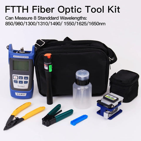 Front view of FTTH fiber optic tool kit with blue optical power meter, black carrying case, and assorted tools