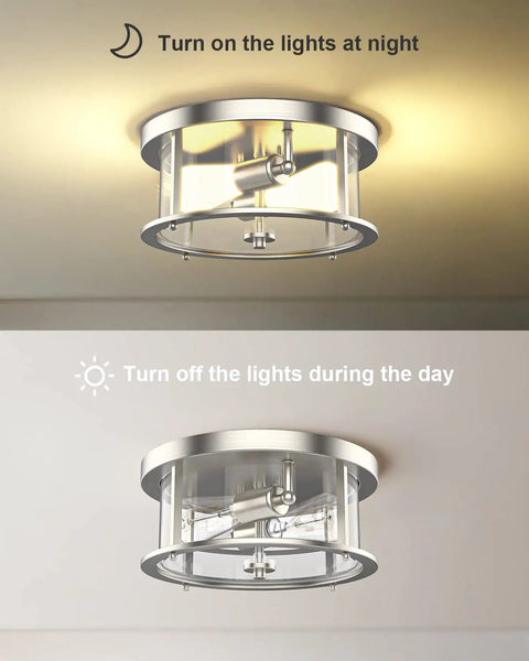 2 Light Farmhouse Rustic Flush Mount Ceiling Light Fixture With Clear Glass Shade And Brushed Nickel Finish turned on and off