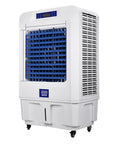 No Fuss Portable Evaporative Air Cooler, 3 Speed Swamp Cooler With Digital Timer And Deep Water Fill Tank, sleek white design with blue venting.