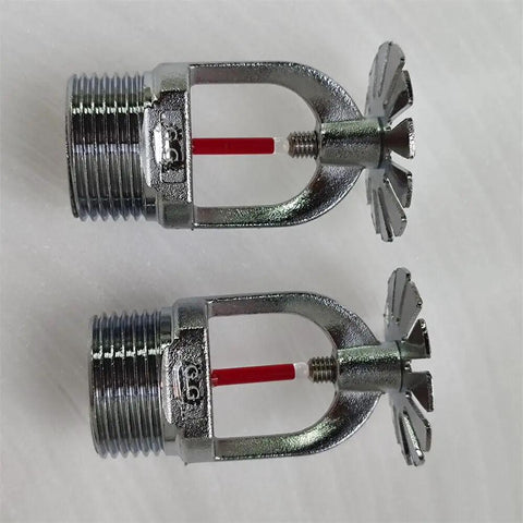 Rock-Solid Pendent Fire Sprinkler Head With Quick Response 155 Degrees Activation And Chrome Finish, two chrome sprinkler heads with red glass bulbs.