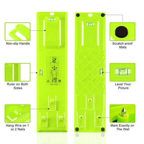 Green Picture Hanging Kit With Built In Level For Quick And Precise Wall Mounts showing features like non-slip handle and bubble levels.