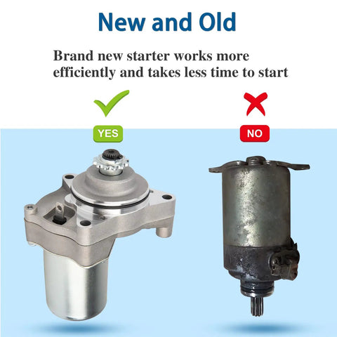 Comparison of new Universal 3 Bolt ATV Starter Motor with old motor for 50cc to 125cc four-wheelers, two side by side.