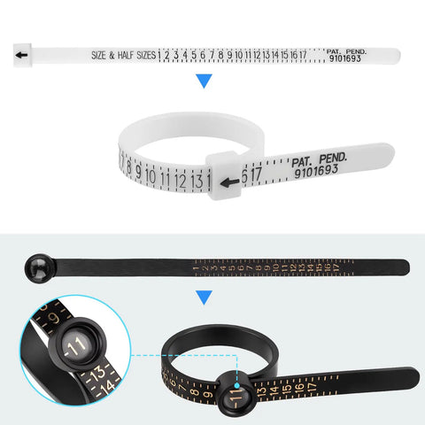 Ring Sizer Kit With 27 Stainless Steel Gauges US Size 0 To 13 Including Half Sizes Two Reusable Finger Belts One With Magnifier And Bonus Polishing Cloth For Men And Women Jewelry At Home, white and black belts