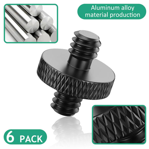 Rock Solid 1/4 Inch Male To Male Threaded Tripod Screw Adapters Six Piece Heavy Duty Black Aluminum Alloy Mount Kit close up.