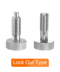 Two stainless steel M12x1.75 retractable spring plunger pins, knurled knobs, lock out type, heavy duty hardware.