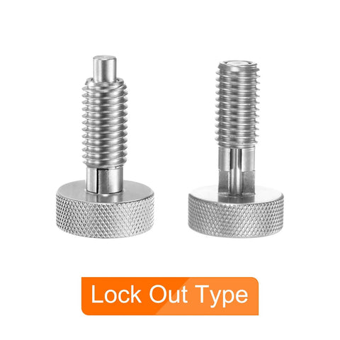 Two stainless steel M12x1.75 retractable spring plunger pins, knurled knobs, lock out type, heavy duty hardware.