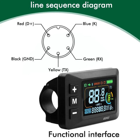Smart LCD Ebike Display GD02 5 Pin Waterproof Connector For Electric Bike 24-60V Color Screen Meter with functional interface diagram