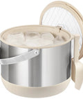 Keep It Frosty 4.8 Liter Insulated Ice Bucket With Snug Fit Lid And Drop Handle Scoop filled with ice and open lid.