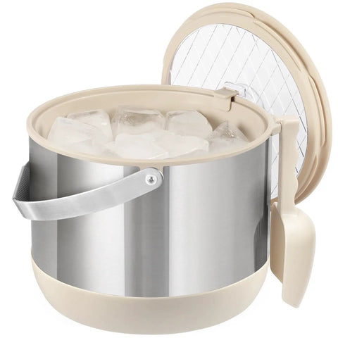 Keep It Frosty 4.8 Liter Insulated Ice Bucket With Snug Fit Lid And Drop Handle Scoop filled with ice and open lid.