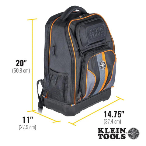 Workhorse 28 Pocket Laptop Tool Backpack For Tradesman Pro Extra Large Tech Gear with measurements and logo view