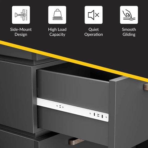 Heavy Duty Ball Bearing Side Mount Drawer Slides With White Finish, Twenty Two Inch Length, installed on dark kitchen cabinet