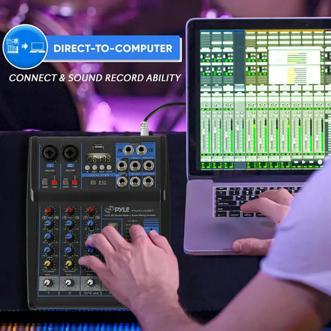 Person using 4 Channel DJ Mixer With Bluetooth And USB MP3 Playback, Built-In Phantom Power, 3 Band EQ, 16-Bit DSP FX, USB Flash Drive Connectivity, Studio Ready Sound Board For Home Studio Or Live Club Setup connected to laptop for recording