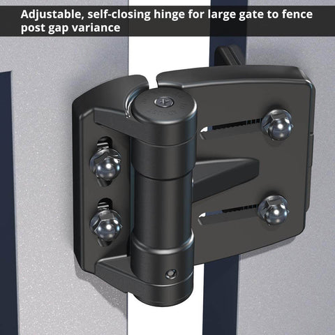 Side view of black Multi-Adjustable Regular-Duty Gate Hinges For Self-Closing Gates Up To 55 Pounds In Metal, Wood And Vinyl
