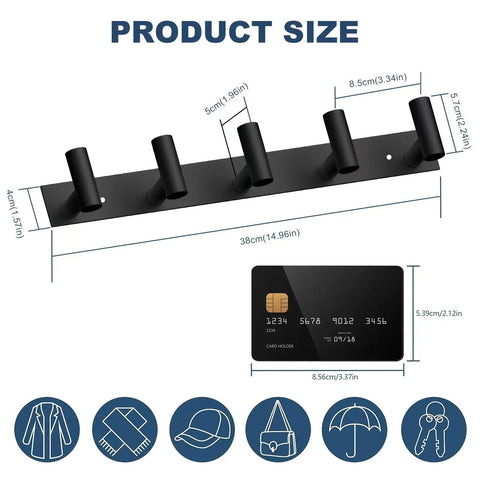 Black Wall Mount Coat Rack With 5 Hooks For Robes, Bags, Towels, Hats And Keys - product dimensions and use illustrations