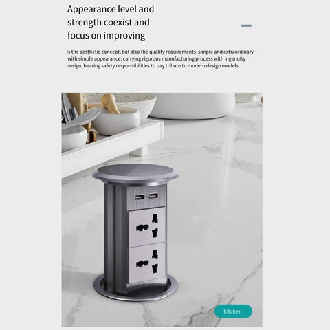 Slick Auto Rising Desk Power Strip With Fast Wireless Charger Tempered Glass Top Hidden Flush Mount Socket Multi Port Outlet in kitchen setting.