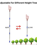 Game Changer Fruit Picker Pole With Large Metal Basket And Long Adjustable Handle, Extendable from 2.6 to 13 feet, shown with trees.