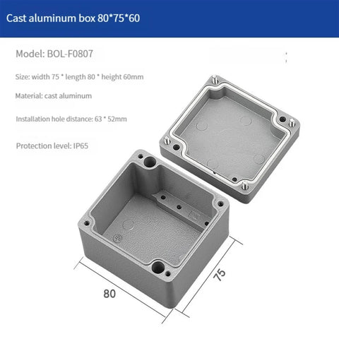 Cast aluminum IP65 junction box, 80x75x60 mm, lid separated for outdoor electrical project.