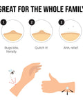 Mosquito Bite Itch Relief Patch For Kids All Natural With Aloe And Witch Hazel, illustration showing use and relief process.