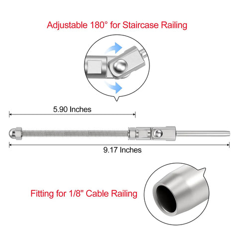Diagram showing 9.17-inch 20 Pack T316 Stainless Steel 180 Degree Adjustable Cable Railing Swage Threaded Stud End Fittings details