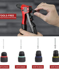 Manual Pop Rivet Gun Kit With 200 Aluminum Rivets In Four Sizes And Four Drill Bits For Easy Installation. Tools-free nosepiece change.