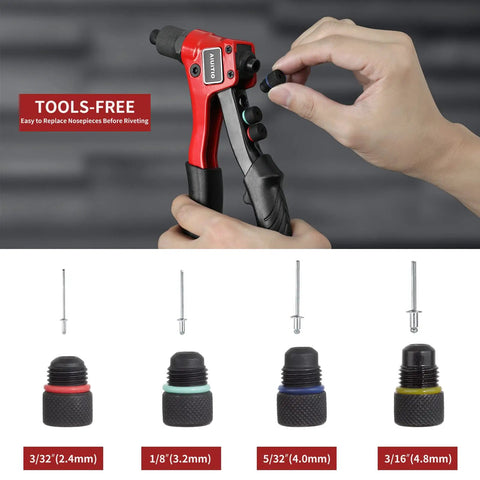 Manual Pop Rivet Gun Kit With 200 Aluminum Rivets In Four Sizes And Four Drill Bits For Easy Installation. Tools-free nosepiece change.