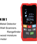 Heavy Duty Wall Detector Scanner And Real Deal Stud Finder showing a red handheld device with LCD, measuring studs and live cables.