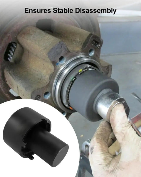 Ford Transit Rear Axle Hub Bearing Spindle Lock Nut Socket Removal Tool in use on vehicle hub